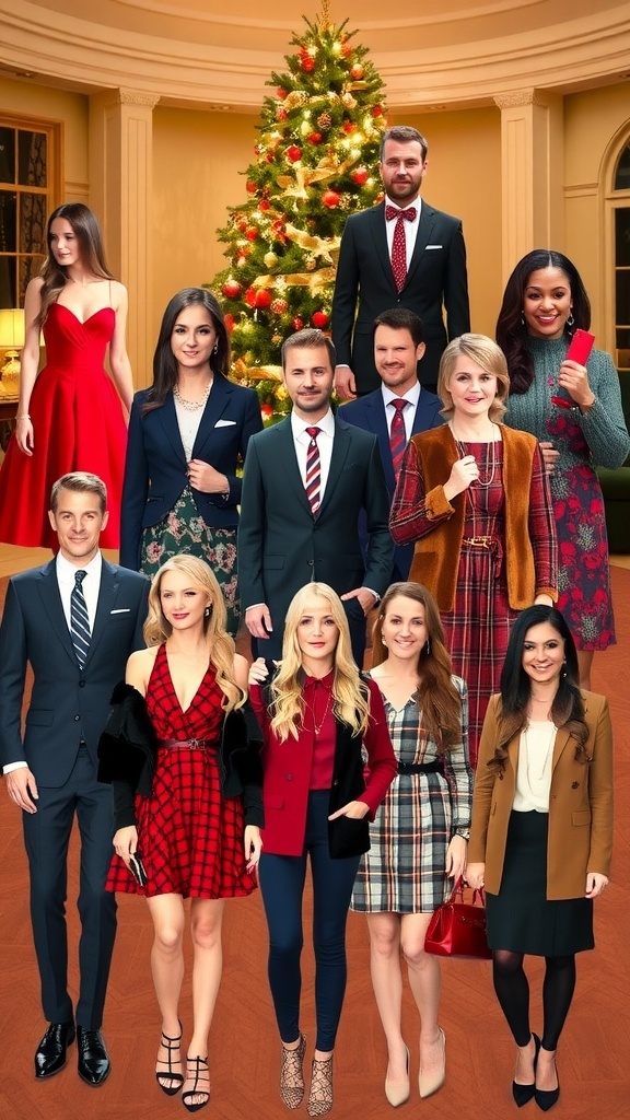 A collection of stylish Christmas party outfits including dresses, suits, and festive accessories against a holiday backdrop.